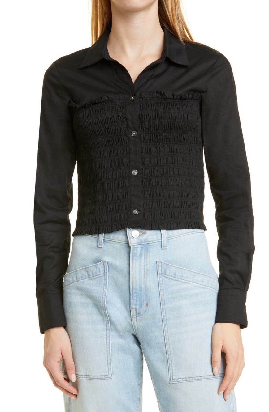 VERONICA BEARD Emersyn Shirt Black Smocked Waist Button Up Blouse Top | Medium